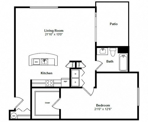 Floor plan for 1 bed, 1 bath, 825 sqft